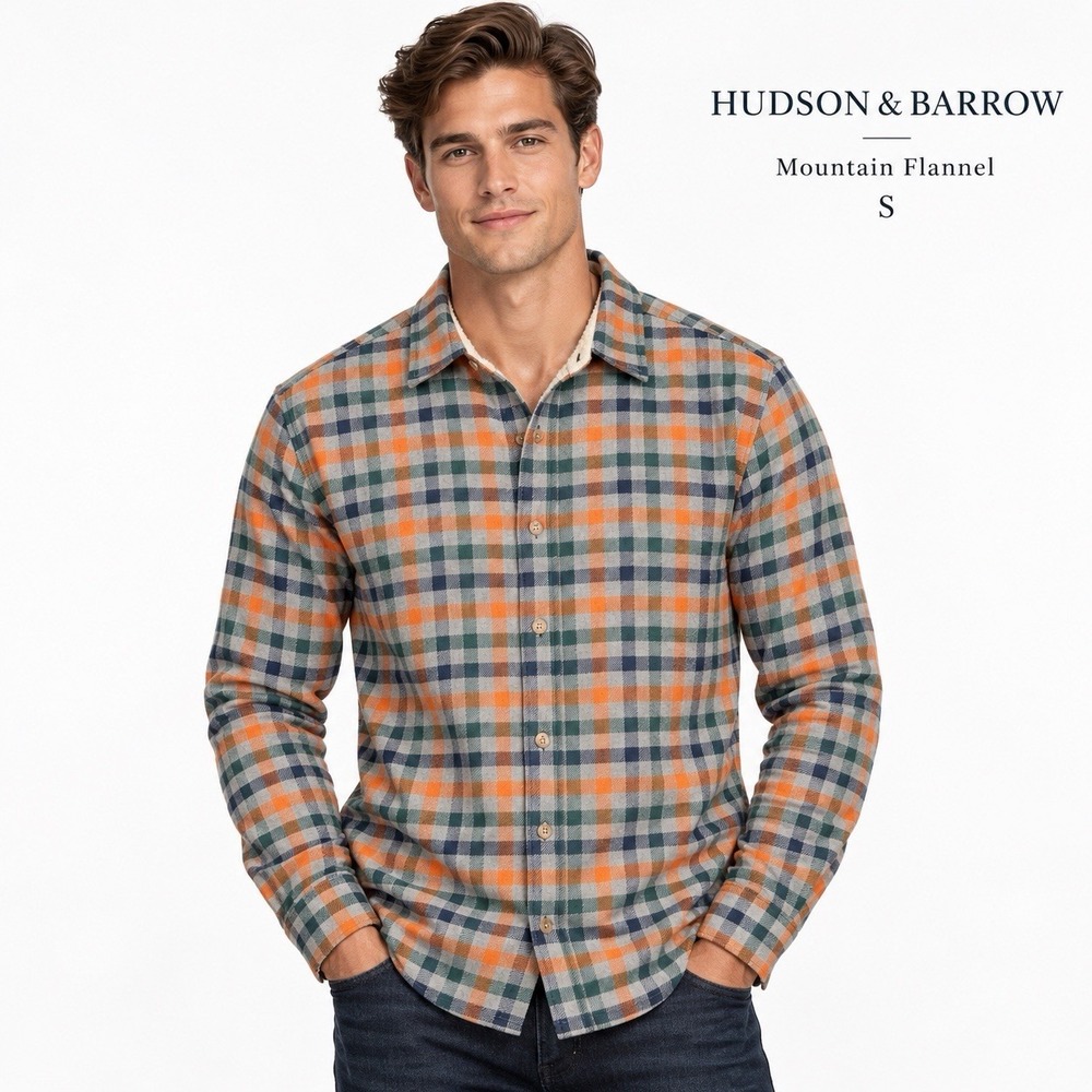 Hudson & Barrow Mountain Flannel Plaid Sherpa Lined Shirt Men's S Orange Green